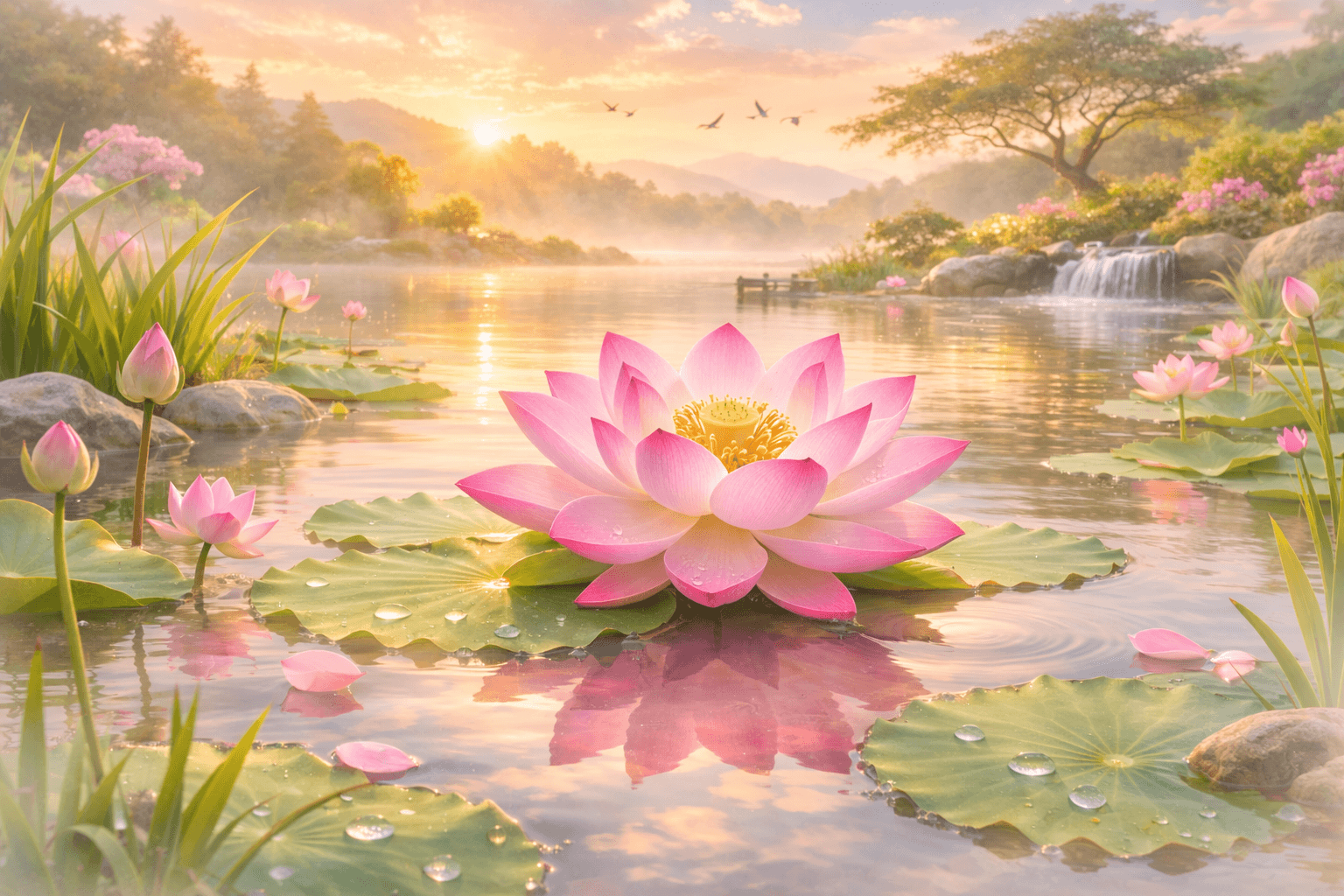 Serene-sunrise-over-a-lotus-pond
